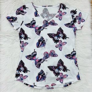NY&Co Women’s Butterfly Print Short Sleeve V-Neck Shirt
